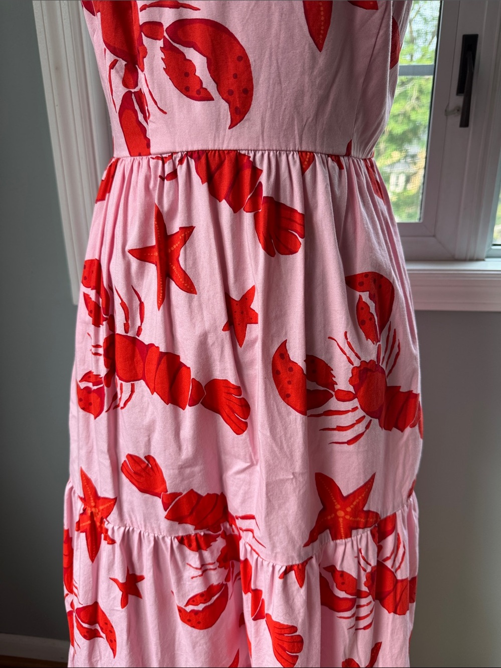 J Crew cotton tiered pink and red lobster midi dress size 4 - Picture 4 of 11